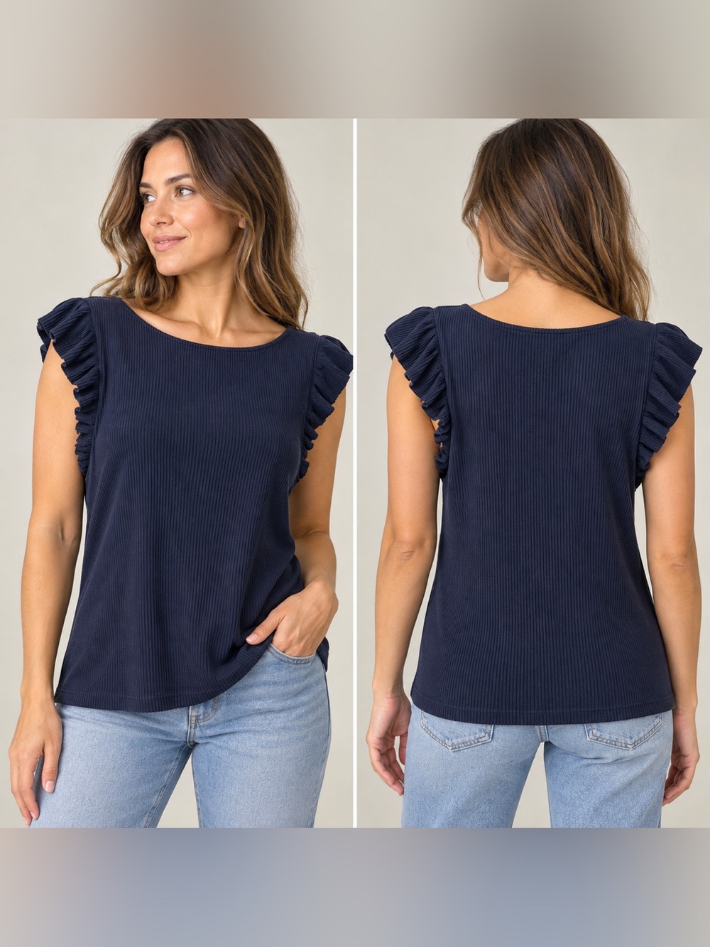 J.Crew Vintage Rib Ruffle Boatneck Tank Navy XL
